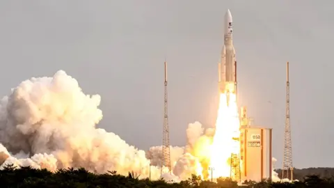 Getty Images Arianespace's Ariane 5 rocket lifting off from its launchpad, in French Guiana, in April 2023.