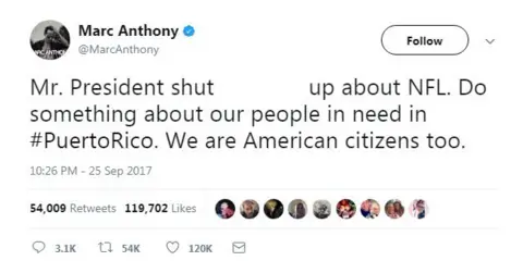 Twitter/@MarcAnthony A tweet from Marc Antony saying "Mr President shut .... up about NFL. Do something about our people in need in #PuertoRico. We are American citizens too."