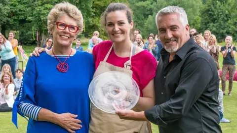 Channel 4 Prue Leith and Paul Hollywood with Bake Off winner Sophie Faldo