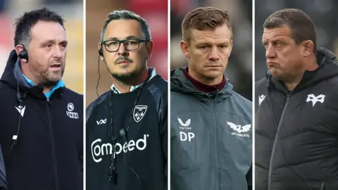 Cardiff head coach Matt Sherratt, Dragons head coach Dai Flanagan, Scarlets head coach Dwayne Peel & Opsreys head coach Toby Booth