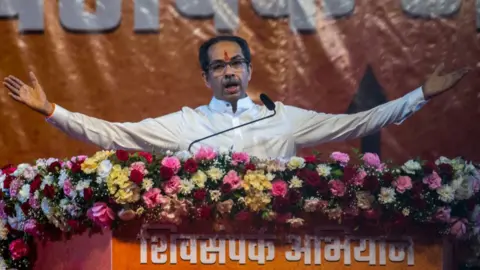 Getty Images Maharashtra Chief Minister Uddhav Thackeray addresses Shiv Sena rally at MMRDA Grounds, Bandra-Kurla Complex (BKC), on May 14, 2022 in Mumbai, India.