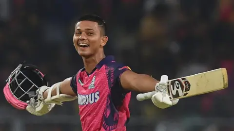 Getty Images Yashasvi Jaiswal celebrates after winning the IPL match between Kolkata Knight Riders and Rajasthan Royals on May 11