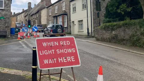 Traffic lights outside Grampound Town Hall