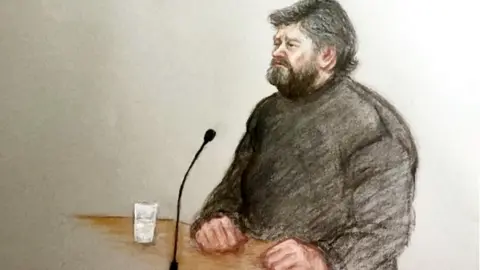 Julia Quenzler/BBC Court artist sketch by Julia Quenzler of Carl Beech giving evidence at Newcastle Crown Court