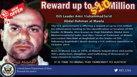 US Department of State US reward poster for Abu Ibrahim al-Qurayshi, also known as Abdullah Qardash and Hajji Abdullah