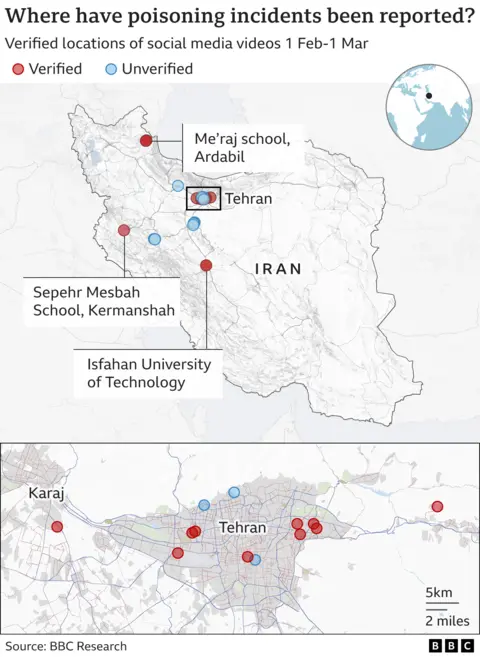 Map of Iran showing reported poisoning incidents