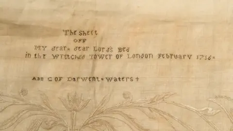 Museum of London Docklands hair-embroidered bedsheet