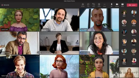 Microsoft A sample screen shows a 9x9 meeting grid on Microsoft Teams, with a mix of real and virtual avatar faces