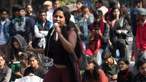 Devangana Kalita at a Pinjra Tod protest