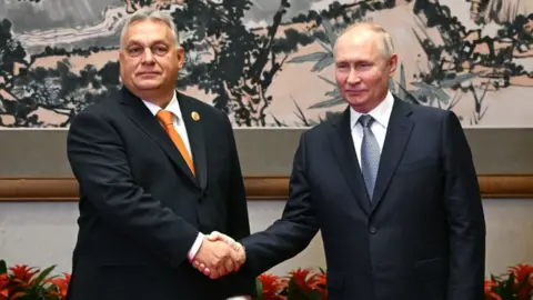 GRIGORY SYSOYEV/POOL/AFP Russia's President Vladimir Putin meeting with Hungarian Prime Minister Viktor Orban on the sidelines of the Third Belt and Road Forum in Beijing on October 17, 2023.