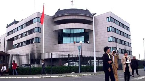 Sasa Stankovic/EPA/REX/Shutterstock Front view of the Chinese embassy