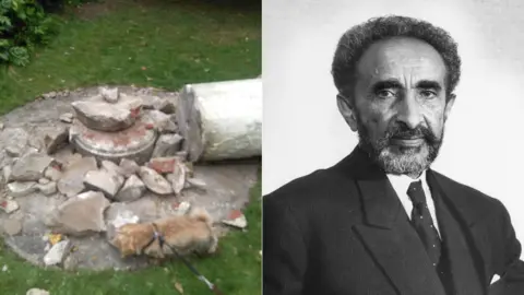Andrew Morris/PA Media; Getty Images Composite image of broken pieces of a statue of Haile Selassie in Cannizaro Park and a photo of Haile Selassie