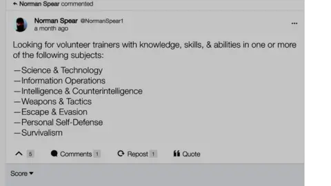 GAB Screen grab of social media post in which 'Spear' asks for volunteers with knowledge of science, technology, weapons, escape, personal self defence