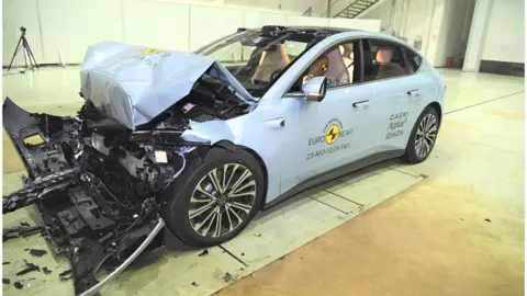 Euro NCAP Crash test of the NIO ET5, which in 2023 received a score of 83% for vulnerable road users from Euro NCAP