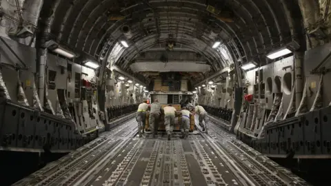 Getty Images Ammunition is loaded onto the cavernous bay of a US C-17 Globemaster jet, 9 January 2016