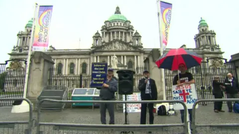 Protesters demonstrated against this year's Pride parade in Belfast