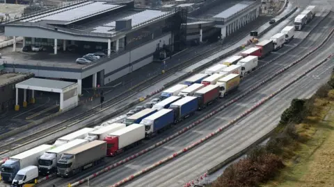 Getty Images Container lorries queuing at the Port of Dover in January