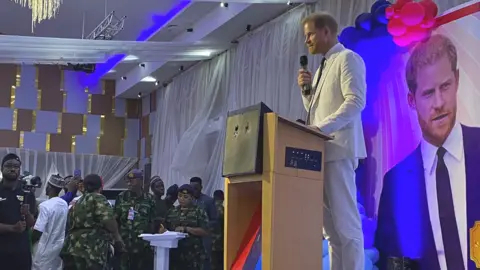 BBC/Kyla Herrmannsen Prince Harry addressing the military at a special reception