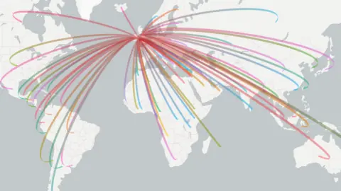 Flourish/BBC Arc line map showing destinations Wales exports to