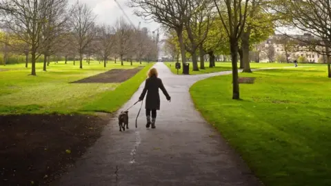 Jeff Overs/BBC A woman walks a small dog through a park with trees on either side of the path