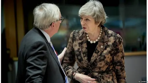 EU Council Theresa May speaking to European Commission president Jean-Claude Juncker