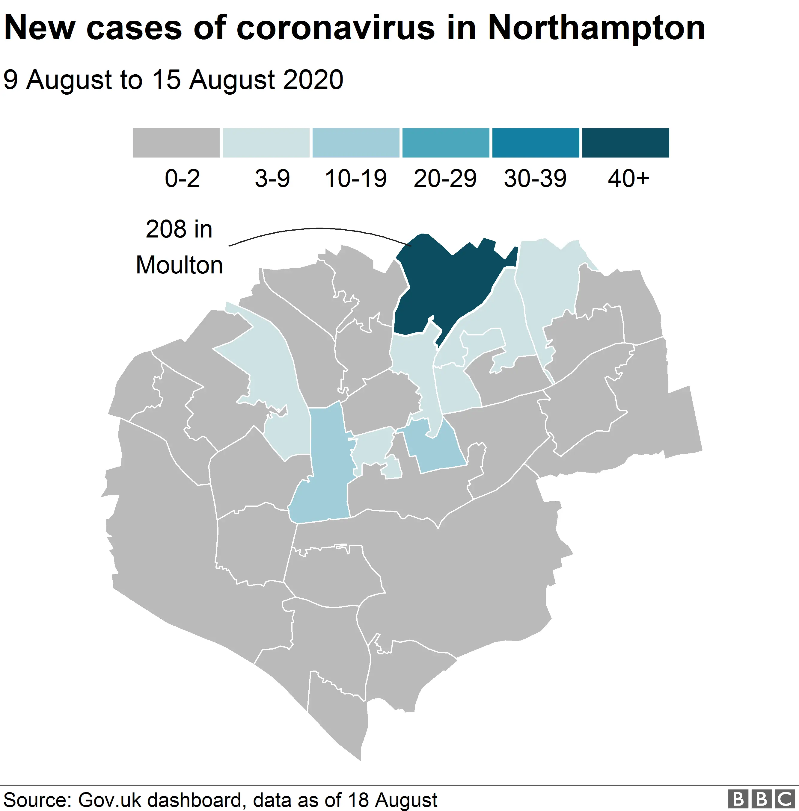 Map showing coronavirus cases in Northampton