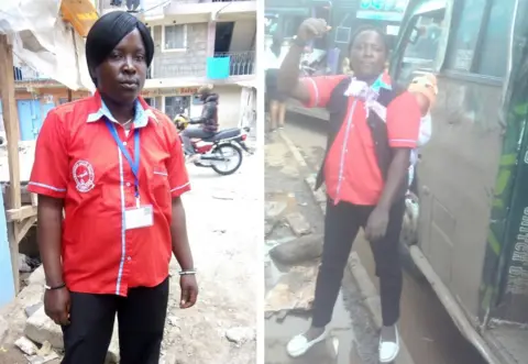 DORIS MUTHONI Doris Muthoni wearing her uniform and next to her matatu with her baby