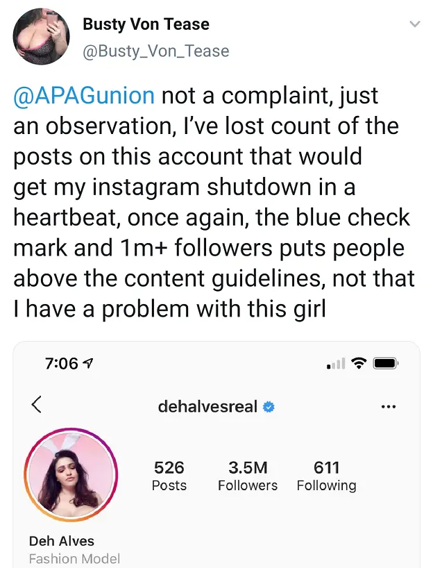 @Busty_Von_Tease A post by adult performer Busty von Tease, complaining about an explicit post by a fashion model. Adult performers say that they are unfairly treated compared to mainstream models and celebrities