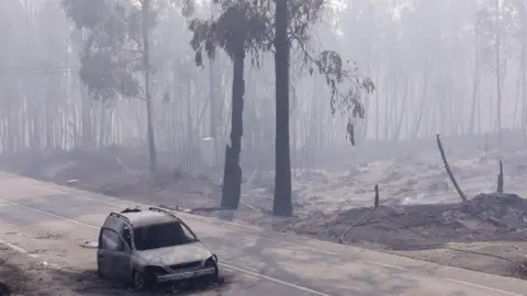 EPA A burned car at N236 road between Figueiro dos Vinhos and Castanheira de Pera, near Pedrogao Grande, central Portugal, 18 June 2017