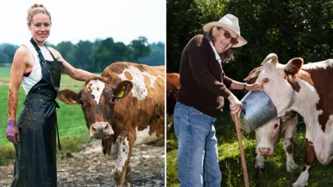 Billie Charity Nic Drew with her favourite dairy cow and Peggy Ann Stevenson with her organic Hereford cows