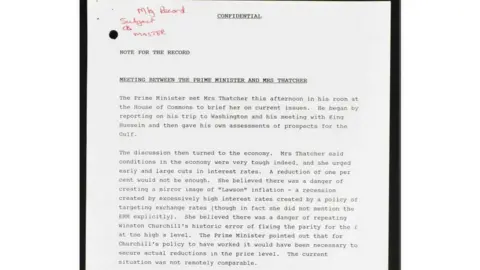 Crown Copyright courtesy of the National Archives Minutes of meeting between John Major and Margaret Thatcher