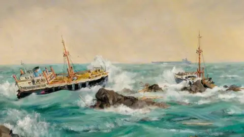 Guernsey Museums & Galleries Artist impression of the wreck of Prosperity crashing on rocks