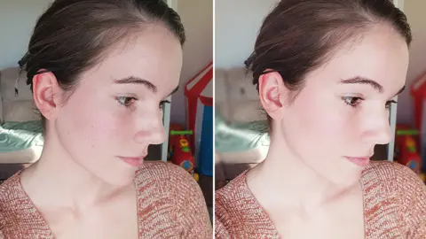 Monica Agrezzi Two selfies of Monica Agrezzi, the left un-edited, and the right edited