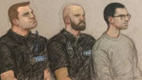 Julia Quenzler Court artist sketch of Hashem Abedi and two police officers