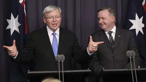 Getty Images Kevin Rudd (L) new Leader Of The ALP stands next to Anthony Albanese, Minister for Infrastructure and Transport as he speaks to the media after winning the leadership ballot at Parliament House on June 26, 2013 in Canberra, Australia.