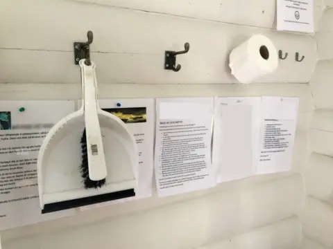 Dustpan, brush and toilet paper hanging on pegs