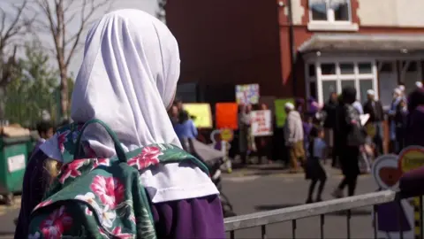 BBC Protesters outside Anderton Park Primary School, Birmingham