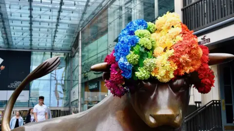 BBC Bullring bull with a rainbow wig