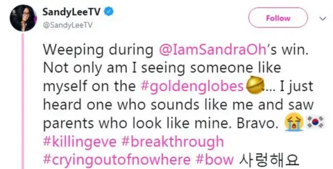 SandyLeeTV Weeping during @IamSandraOh's win. Not only am I seeing someone like myself on the #goldenglobes... I just heard one who sounds like me and saw parents who look like mine. Bravo