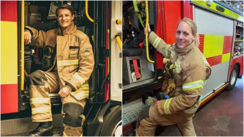 Antarctic Fire Angels Georgina Gilbert and Rebecca Openshaw-Rowe in separate pictures, both in full fire fighting gear and about to climb onto a fire engine