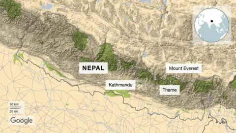 Map of Nepal showing the capital city Kathmandu and Mount Everest on the border of Nepal and Tibet