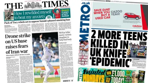 Front pages of Times and Metro