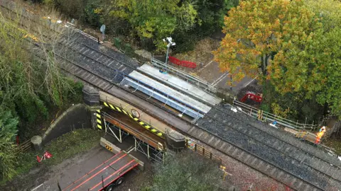 Fosters railway bridge, which sits across the A6121 Stamford Road in Ketton, Rutland, repaired