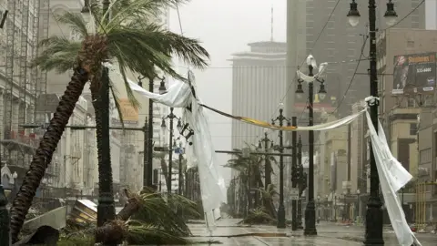 Getty Images Trees blown over in the street by Hurricane Katrina, New Orleans, 2005