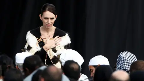 Reuters New Zealand's prime minister, Jacinda Ardern, speaking directly and gesturing to relatives of victims of the mosque attacks in Hagley Park on March 29