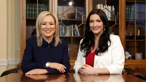 Press Eye/Reuters Newly-elected First Minister Michelle O'Neill and Deputy First Minister Emma Little-Pengelly posed for a picture at Stormont