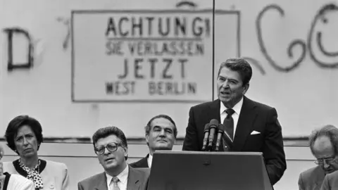 Getty Images Ronald Reagan, making his famous challenge to Mikhail Gorbachev to tear down the Berlin Wall, 1987