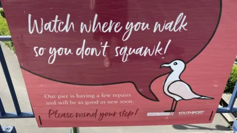 BBC Pier closed sign on Southport Pier