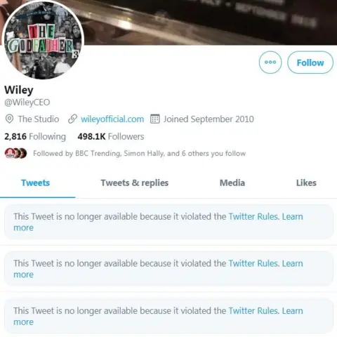 Twitter A screenshot shows Wiley's Twitter account, with his top three tweets all missing