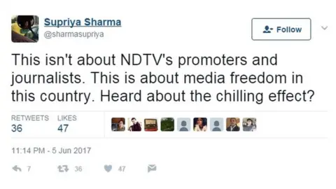 Supriya Sharma This isn't about NDTV's promoters and journalists. This is about media freedom in this country. Heard about the chilling effect?